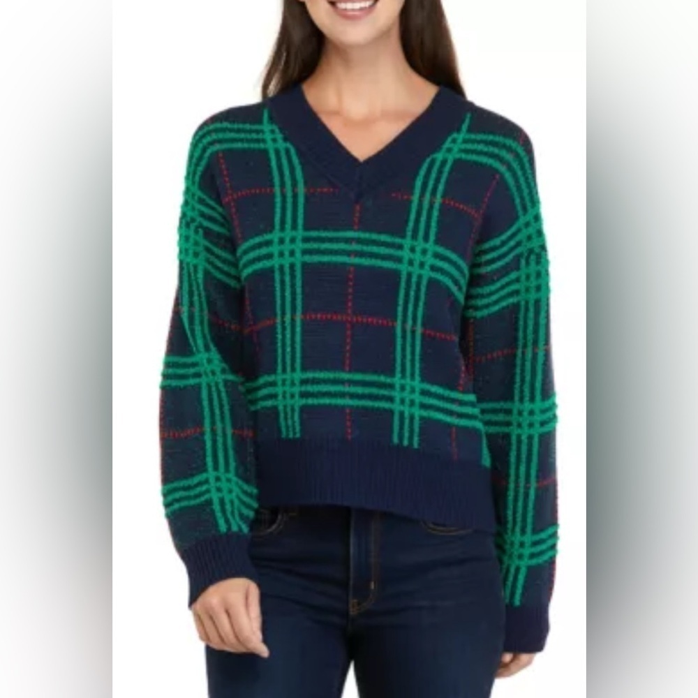 Plaid V-Neck Sweater - Green and Black. Crown and Ivy.